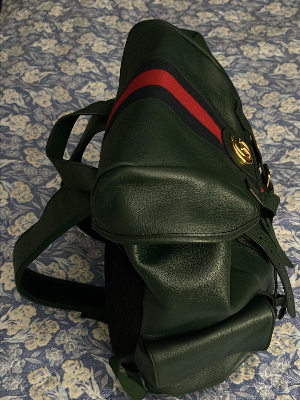 Gucci Green Leather Backpack with Red and Navy Stripe used a few times